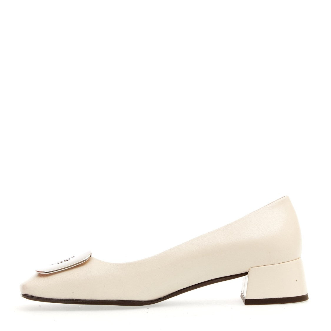 Tory Burch Pump Cream Leather Silver Logo Buckle Heel 40