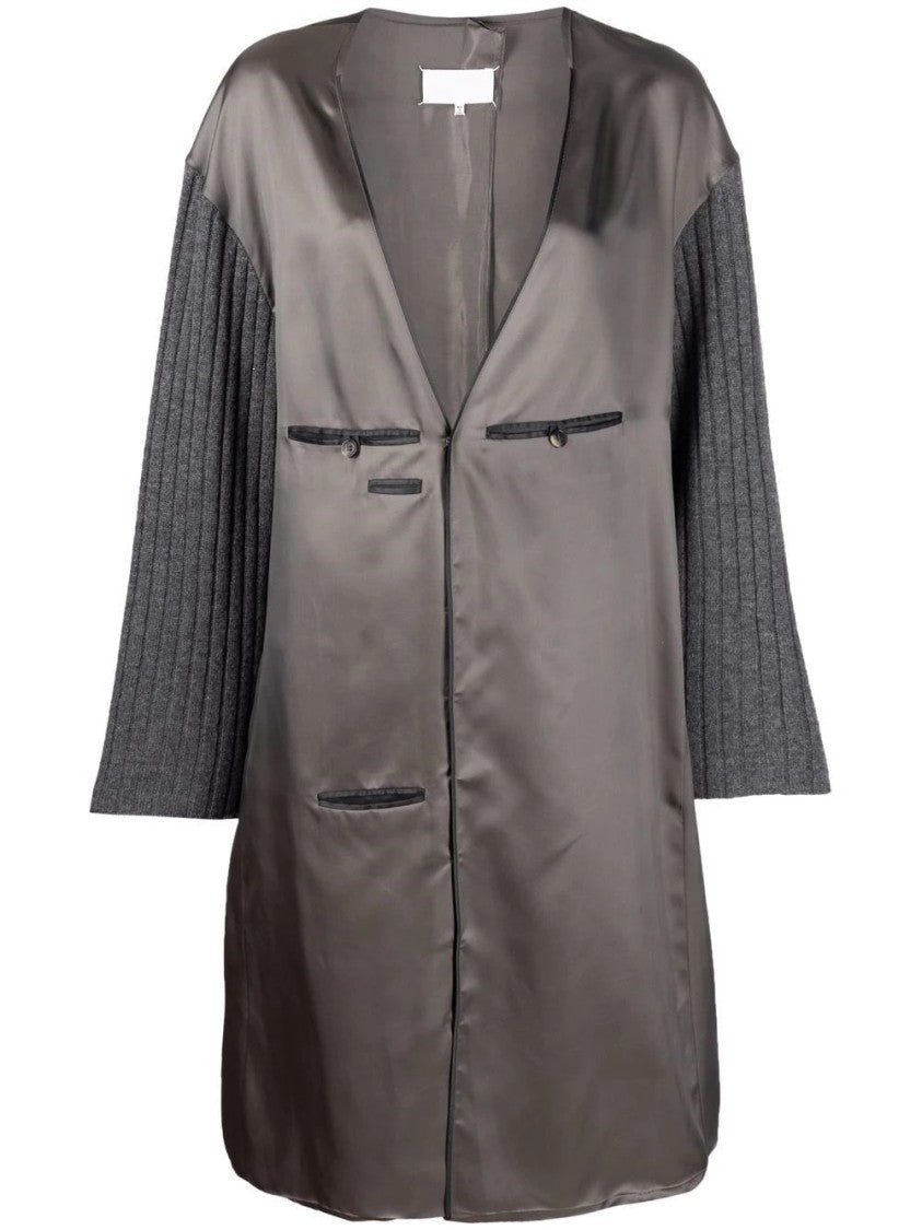 Maison Margiela Grey Midi Dress With Textured Ribbed Sleeves And V-Neckline