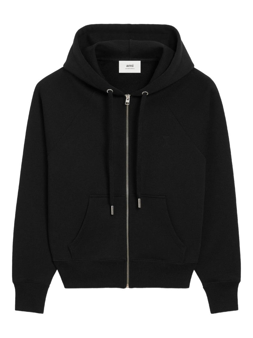 Ami Black Zip-Up Hoodie With Drawstring Hood