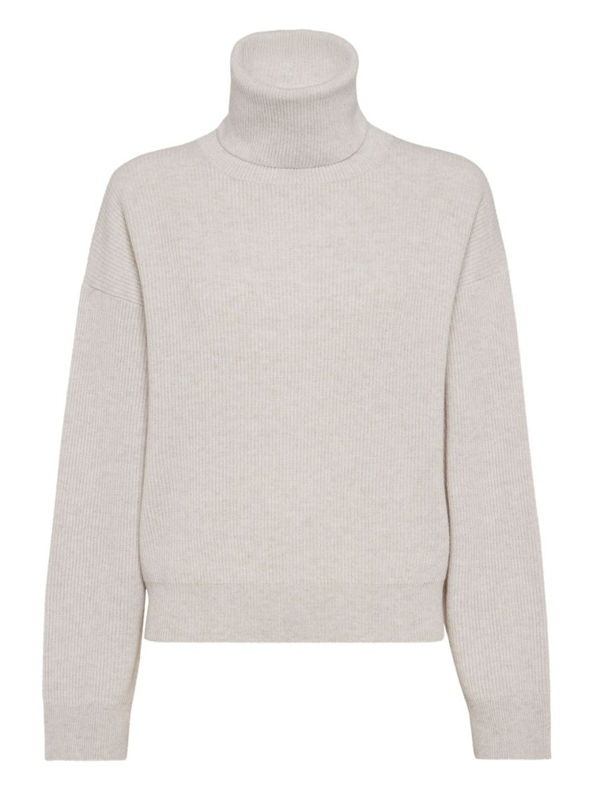 Brunello Cucinelli Ribbed Knit Sweater With High Turtleneck And Dropped Shoulders