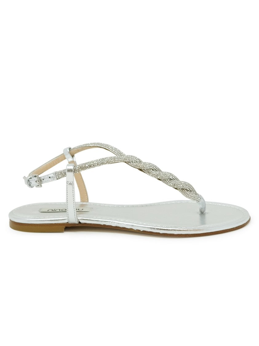 Ninalilou Silver Leather Flat Sandal
