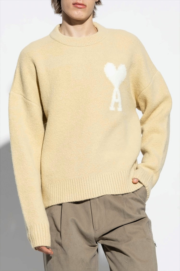 Ami Round Neck Knit Sweater With Fuzzy Heart Logo