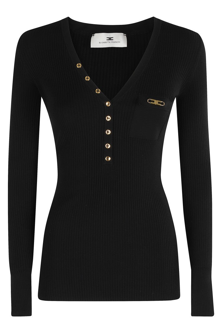 Elisabetta Franchi Tricot Sweater With V-Neck And Gold Accents