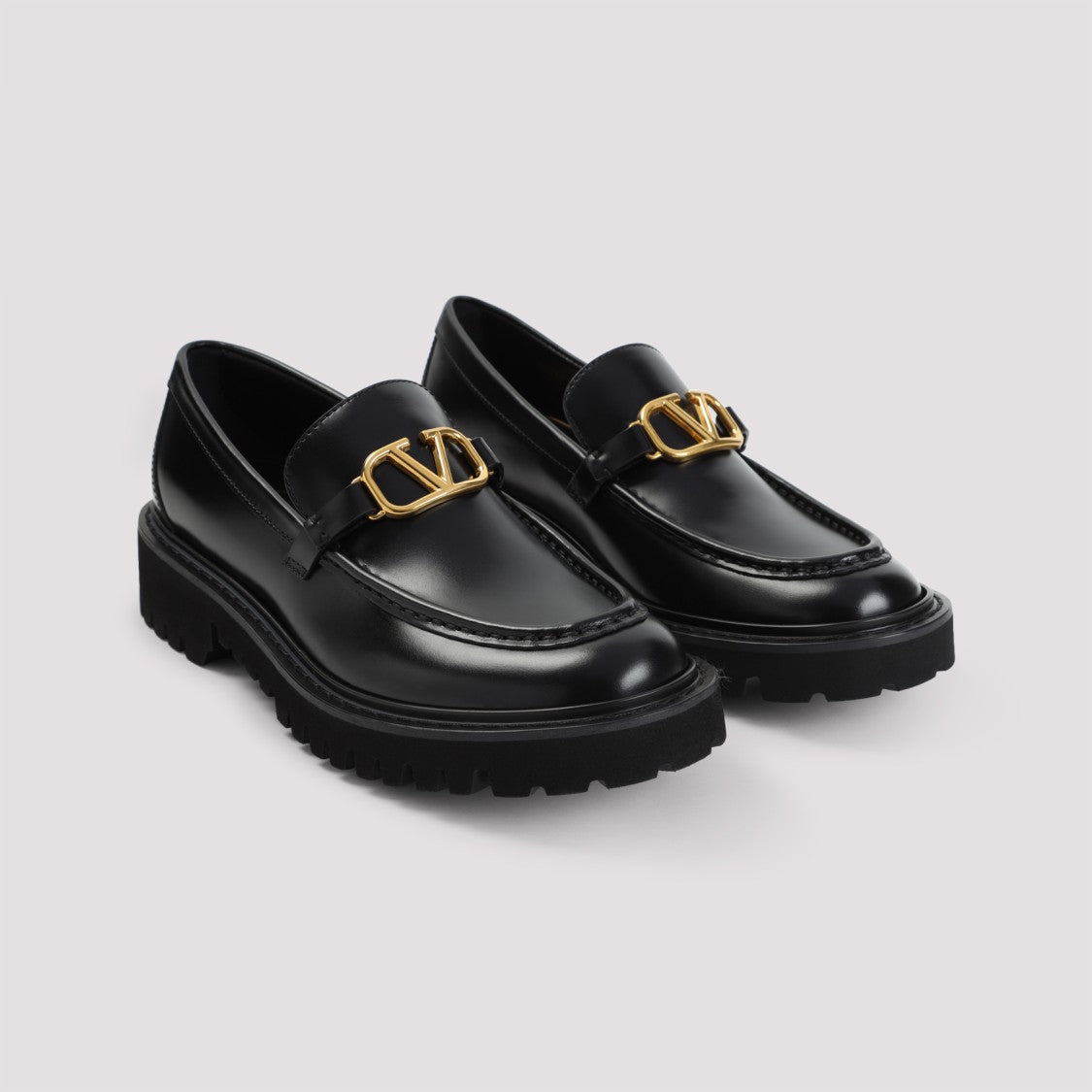 Valentino Black Leather Loafers With Gold-Tone V-Logo