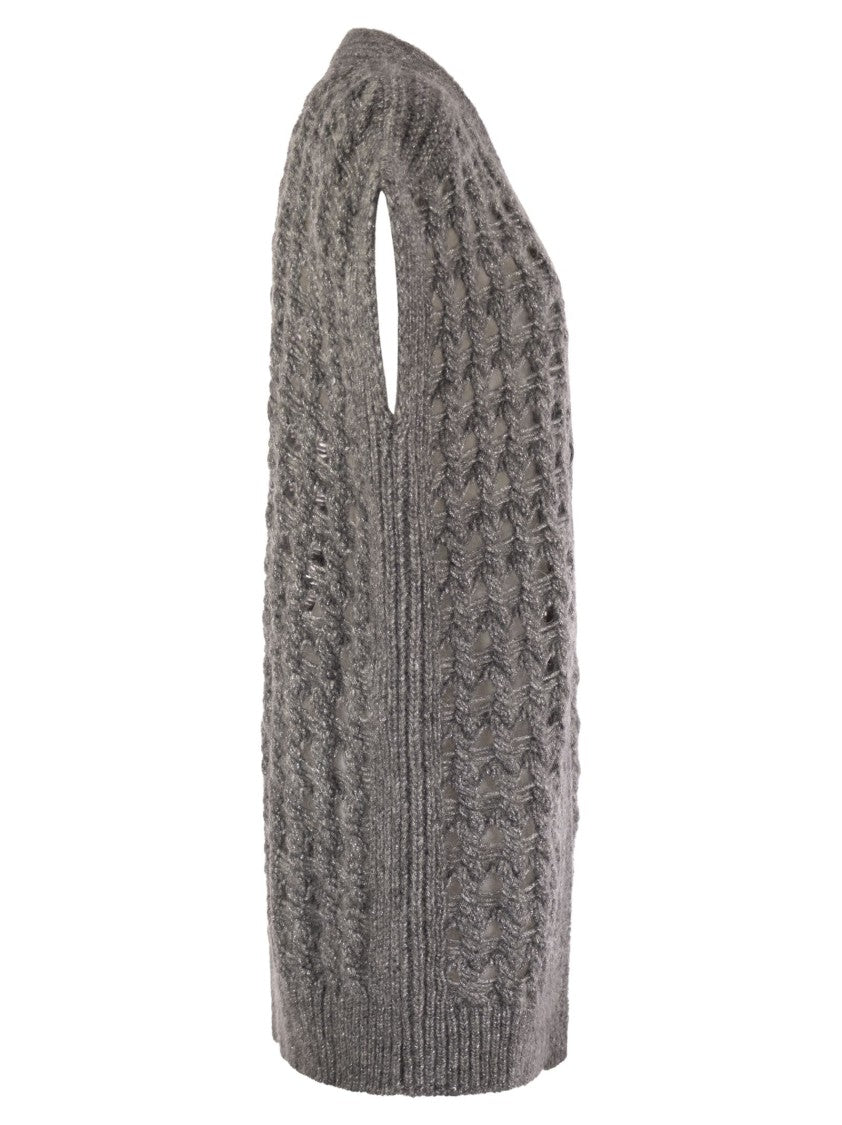 Herno Long Openwork Cardigan With V-Neck And Ribbed Edges