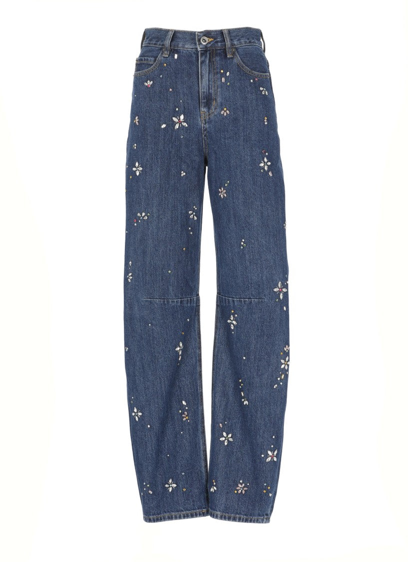 Self-Portrait Wide-Leg Cotton Jeans With Strass Floral Embellishments