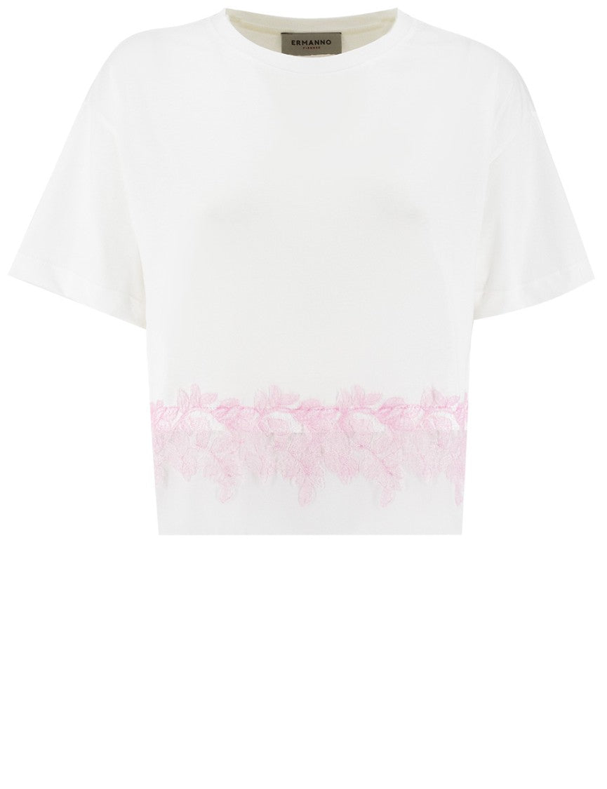 Ermanno Firenze Refined T-Shirt With Floral Lace Detailing
