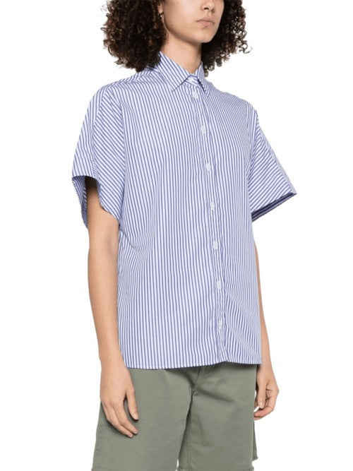 Fay Blue Cotton Shirt With Classic Collar And Short Kimono Sleeves