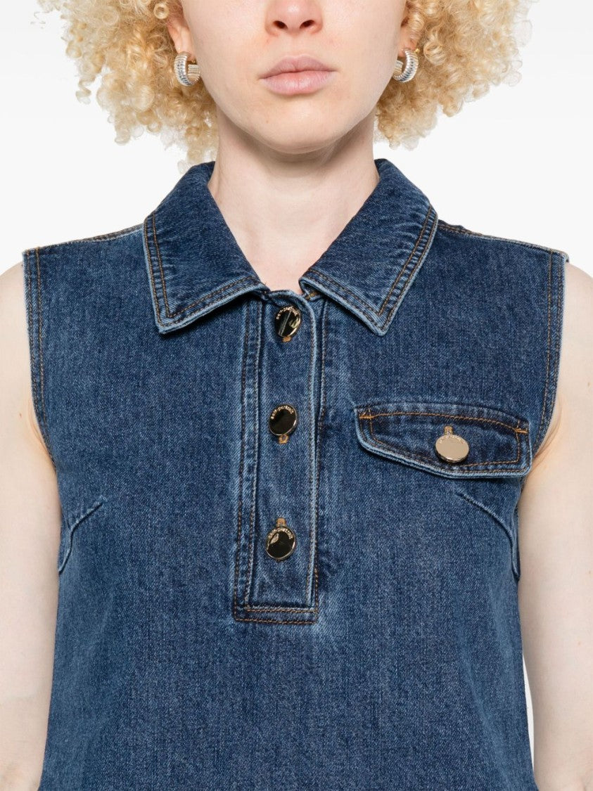 Self-Portrait Indigo Blue Sleeveless Mini Dress With Classic Spread Collar