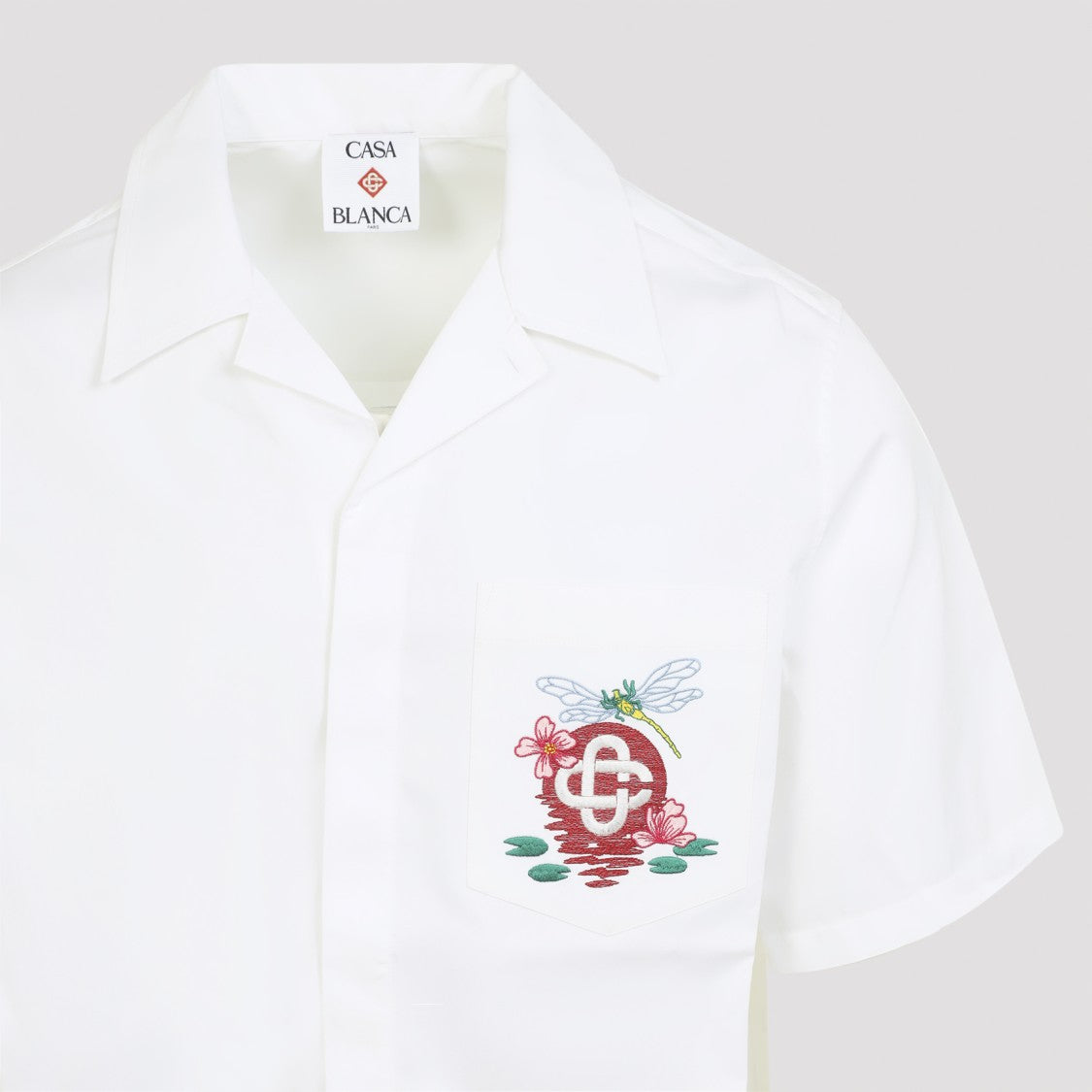 Casablanca White Dragonfly Floral Cotton Cuban Collar Shirt