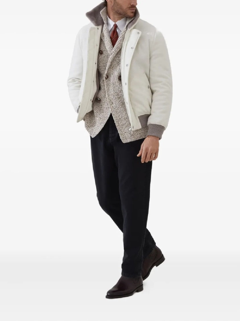 Brunello Cucinelli Textured Knit Double-Breasted Jacket With High Collar
