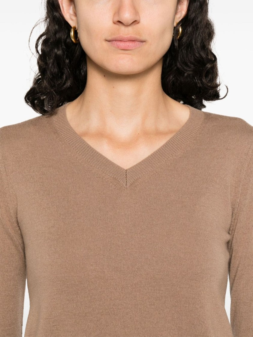 Max Mara Camel V-Neck Knit Sweater With Ribbed Cuffs