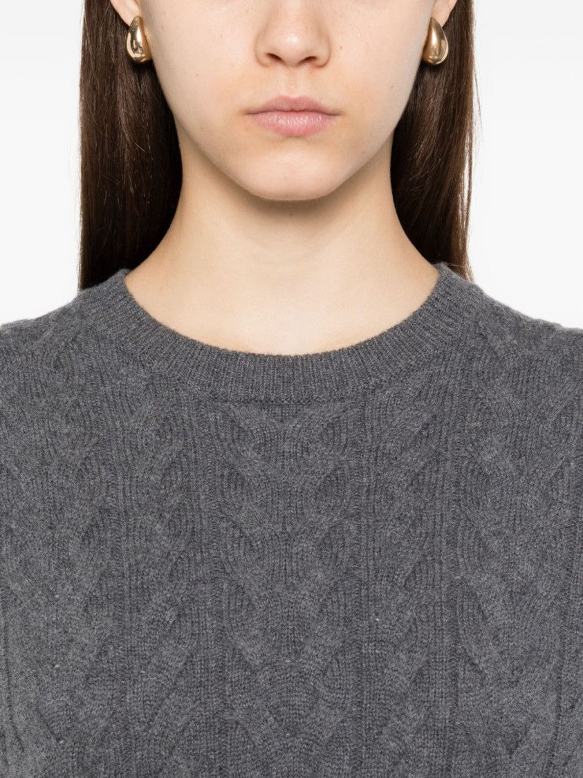 Max Mara Cropped Grey Cable Knit Sweater With Round Neckline