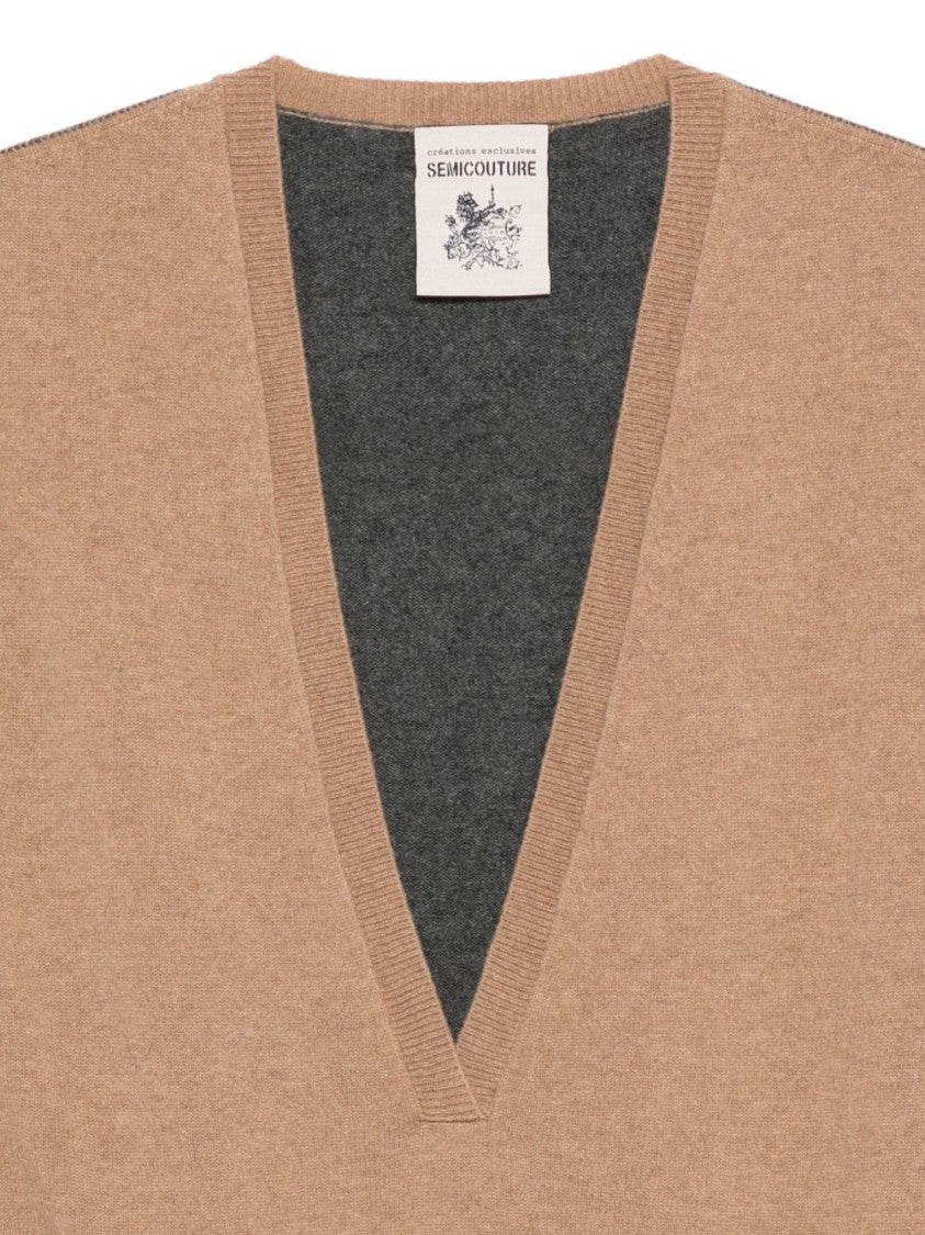 Semi Couture Two-Tone Cashmere-Wool Blend Gilet With V-Neck Design