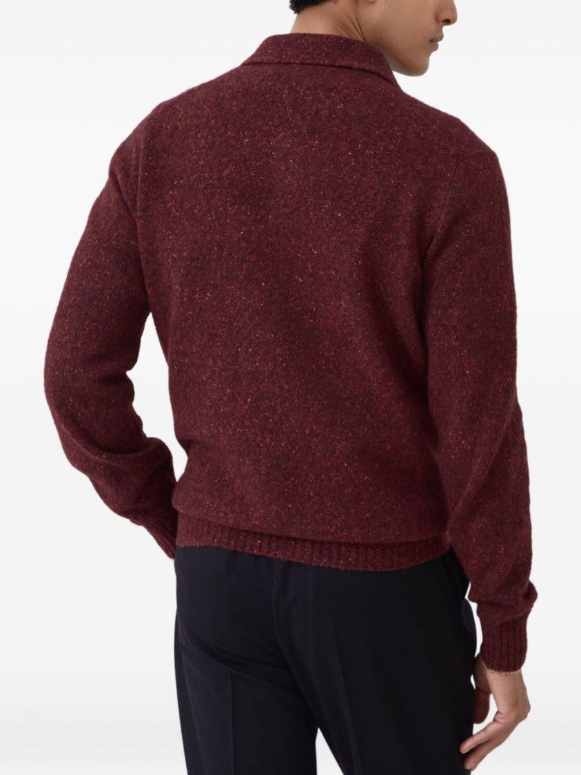Brunello Cucinelli Burgundy Polo Collar Sweater With Speckled Texture