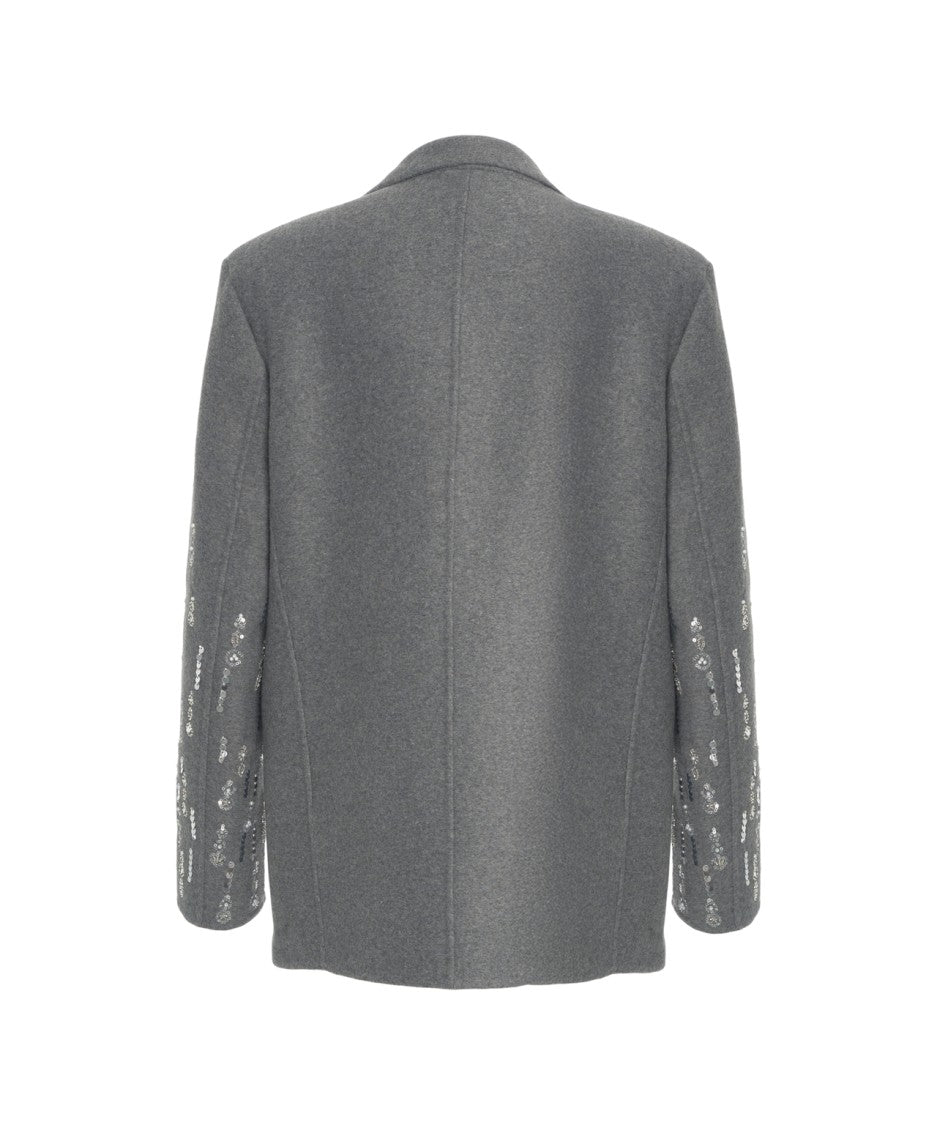 Solotre Sequin-Embellished Gray Blazer With Classic Notch Collar