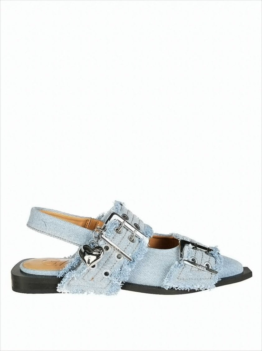 Ganni Pointed-Toe Slingback Flats With Oversized Silver Buckles
