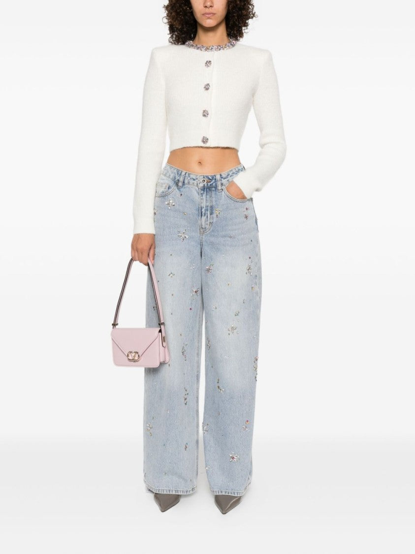 Self-Portrait Cropped Beige Sweater With Jeweled Embellishments