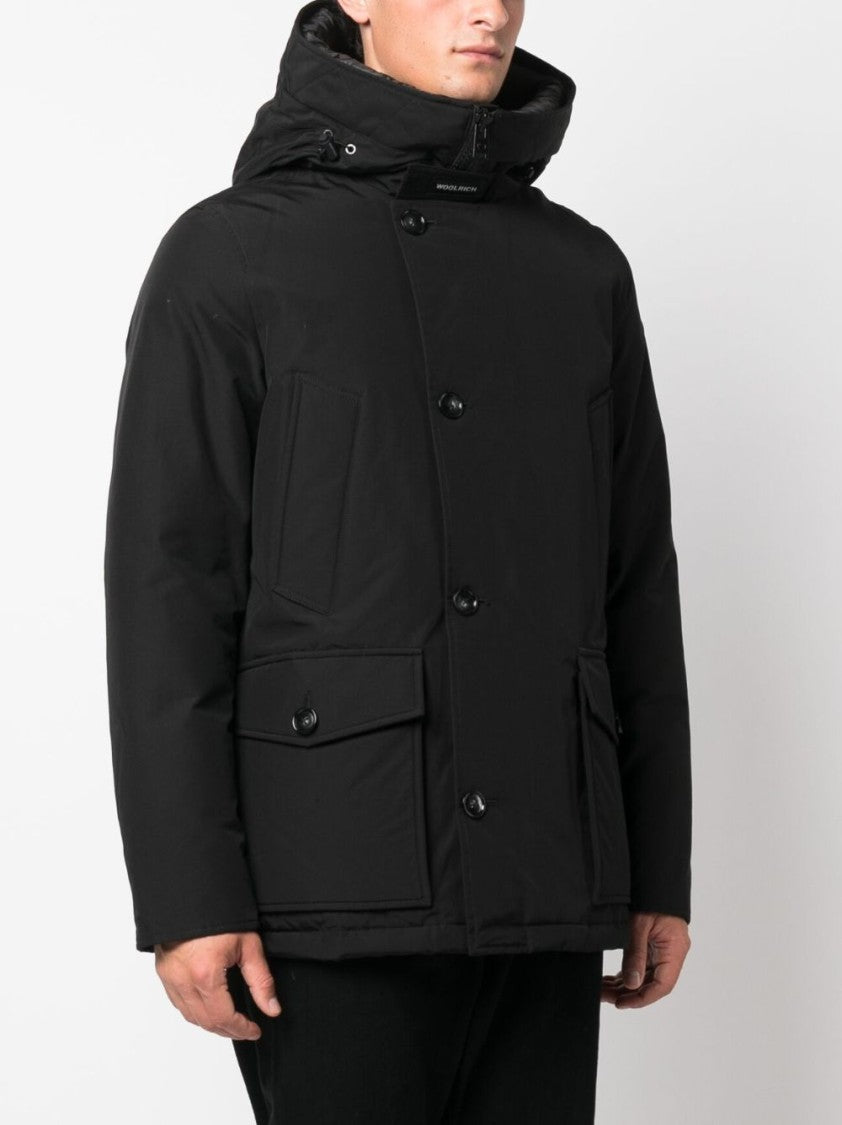 Woolrich Long Black Coat With High Collar And Flap Pockets