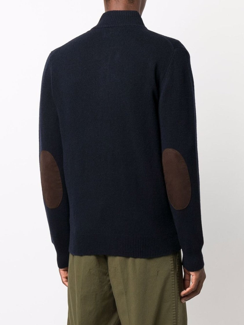 Barbour Navy Wool Zip-Through Sweater With High Neck And Elbow Patches