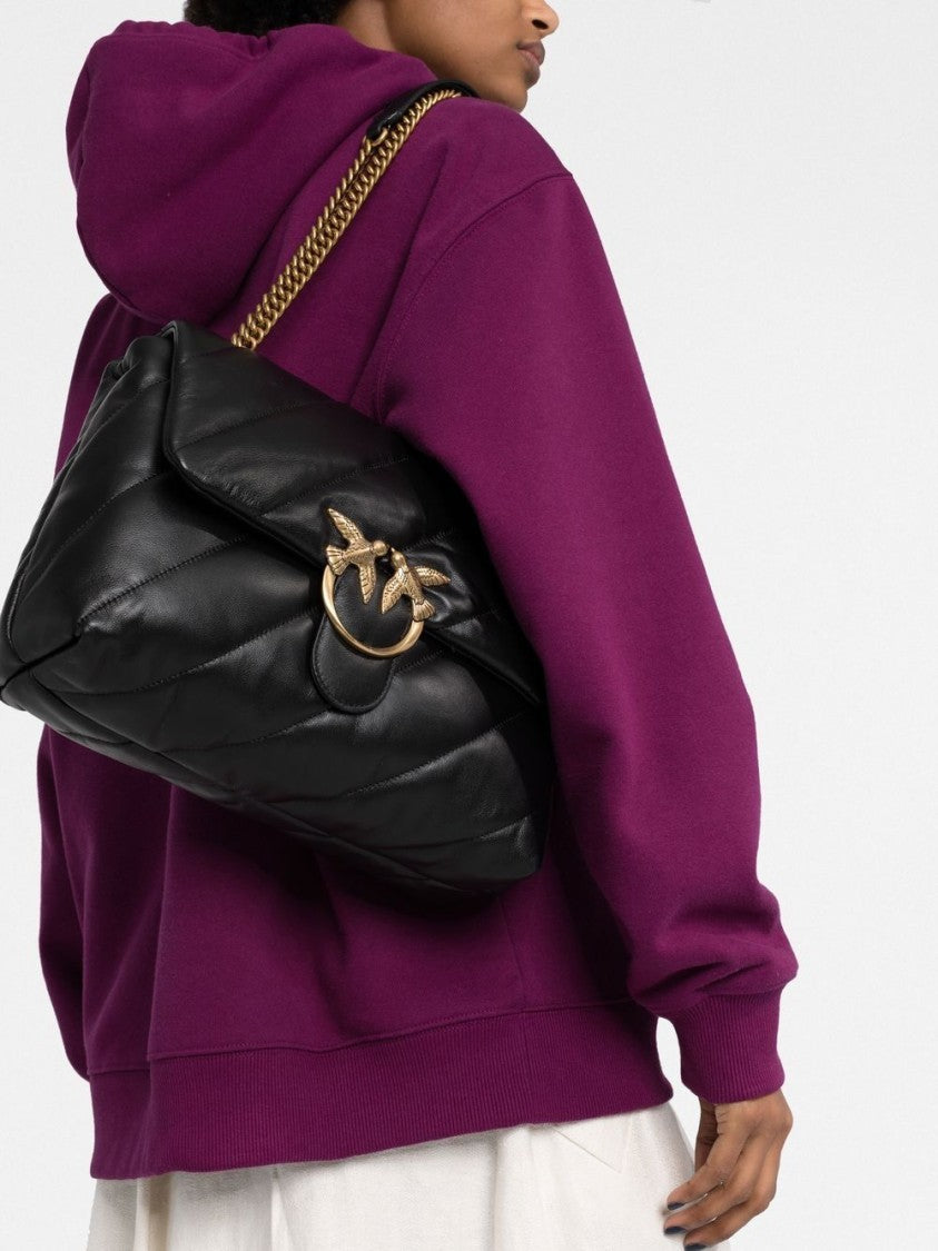 Pinko Quilted Black Calf Leather Shoulder Bag With Signature Love Birds Buckle