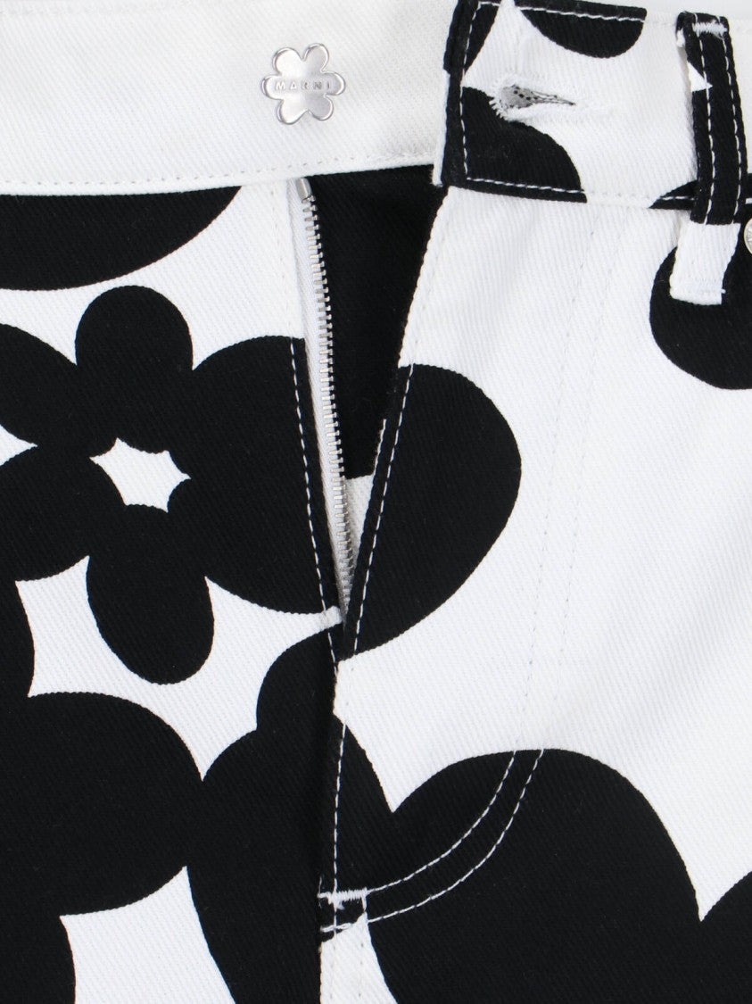 Marni "Dillies" Floral Print Wide-Leg Pants – White