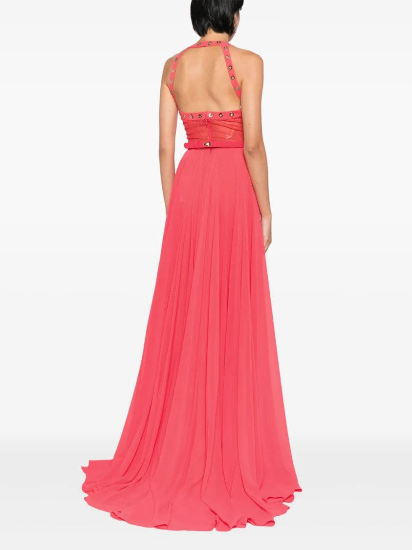 Saiid Kobeisy Red Eyelet Detail Full-Skirt Dress With Deep V-Neck