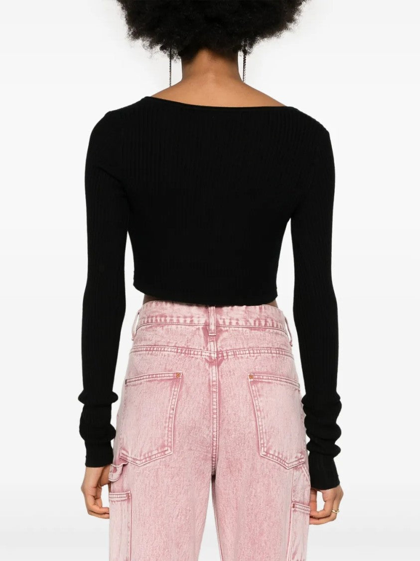 Blumarine Ribbed Knit Black Cardigan With Scoop Neckline