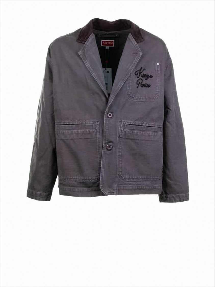 Kenzo Cropped Boxy Jacket With Contrasting Notched Lapel And Embroidered Detail