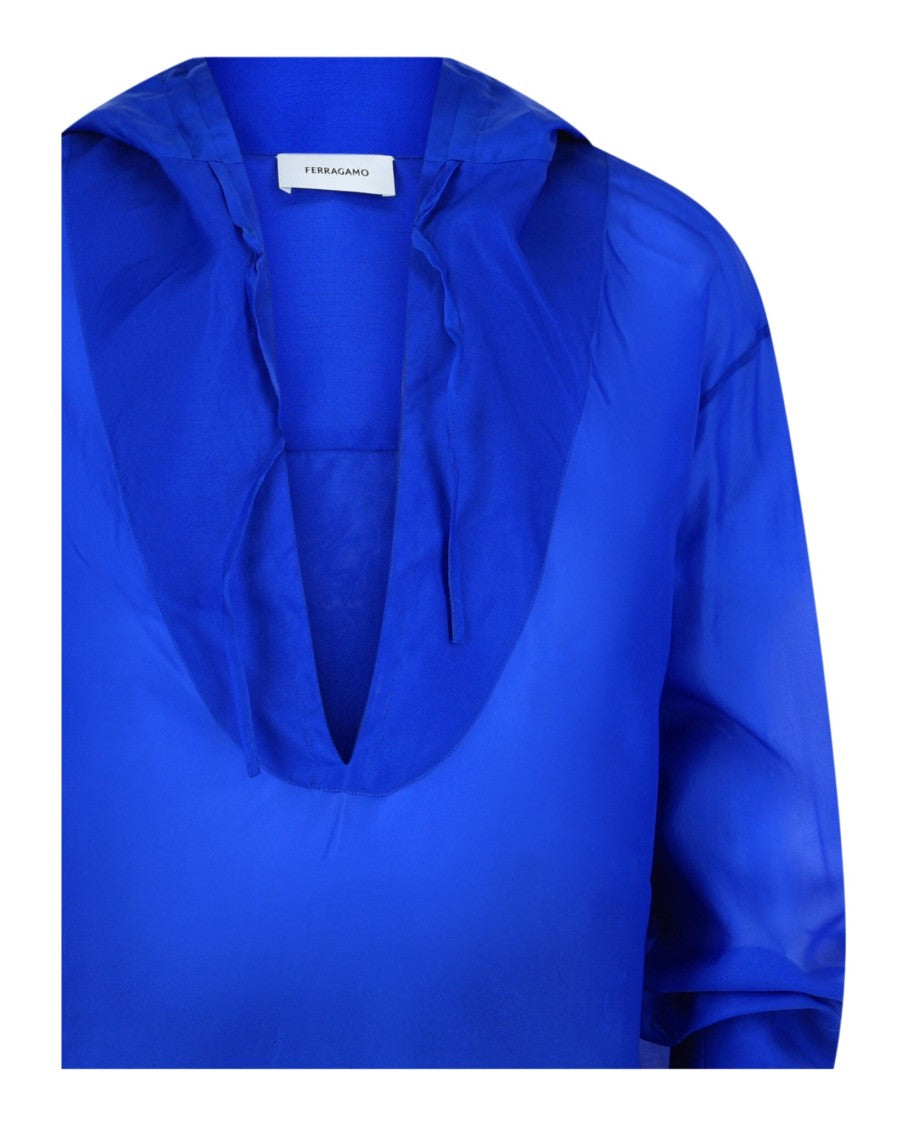 Ferragamo Silk-Blend Hooded Shirt With Front Tie And Tied Cuffs