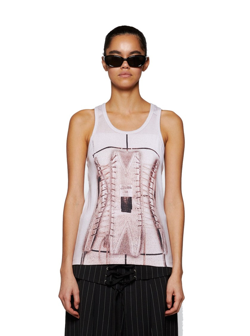 Jean Paul Gaultier Cotton Ribbed Corset Trompe-L’Œil Tank Top Dusty Pink