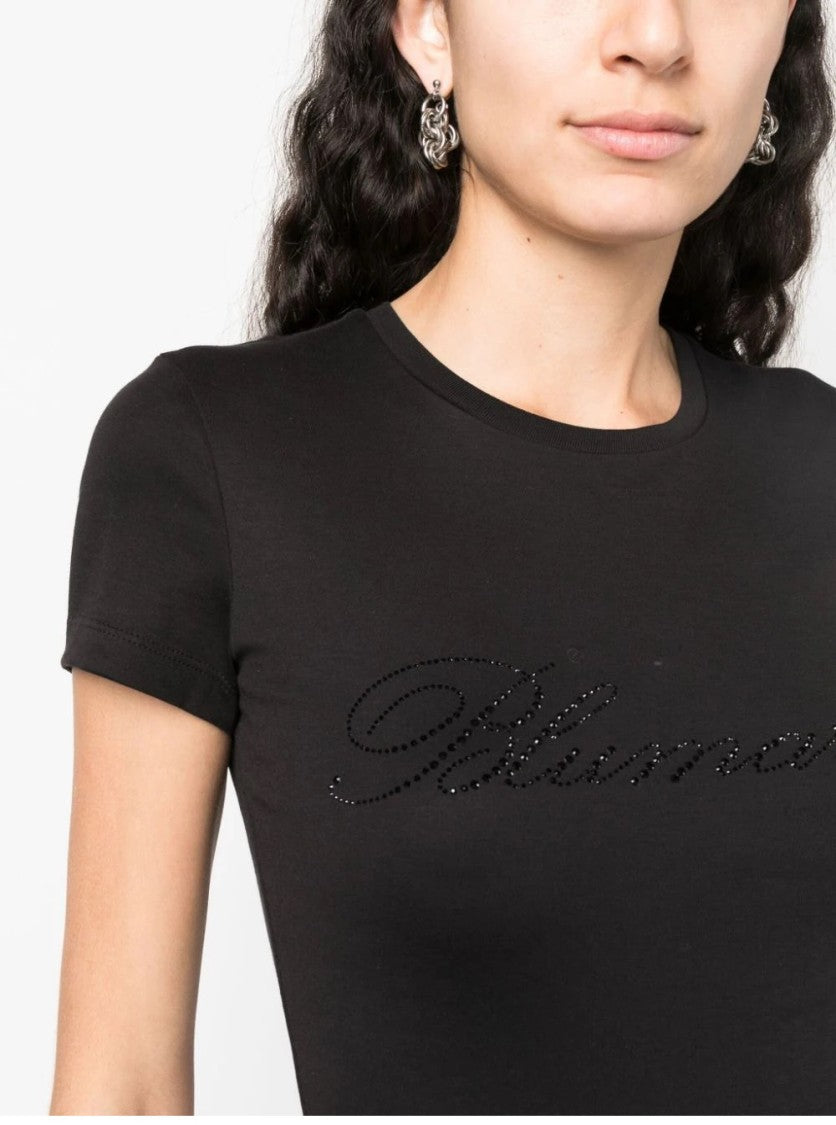 Blumarine Black Logo T-Shirt With Rhinestone Embellishment