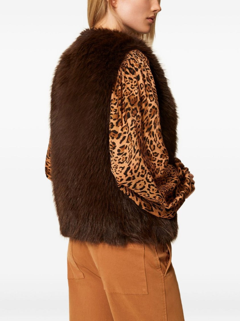 Twin-Set Sleeveless Faux Fur Vest With Leather Accents