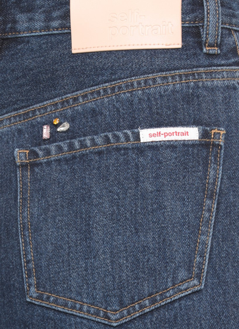 Self-Portrait Wide-Leg Cotton Jeans With Strass Floral Embellishments