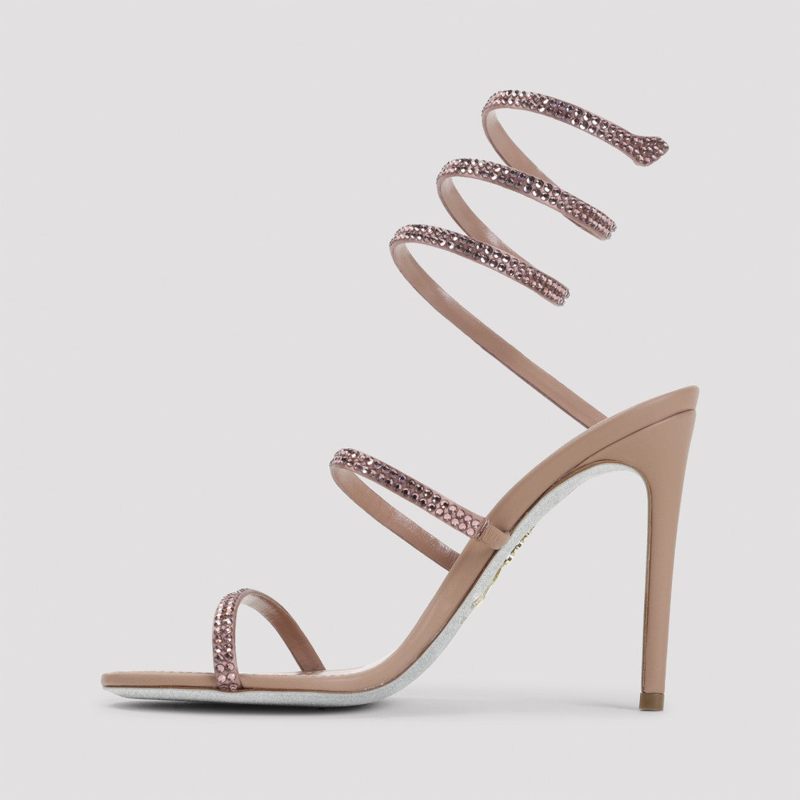 René Caovilla High-Heeled Satin Sandal With Strass Embellishments And Ankle Spiral Strap