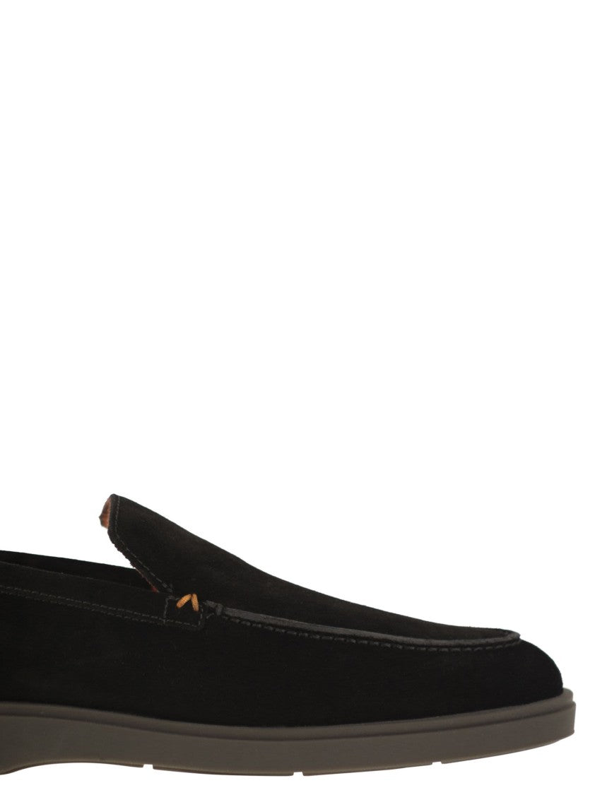 Santoni Fine Suede Moccasin With Signature Orange Accents