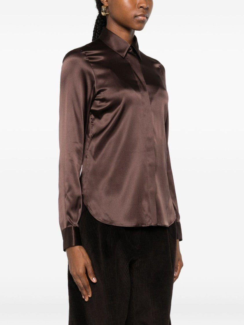 Tagliatore Silk-Elastane Blend Brown Shirt