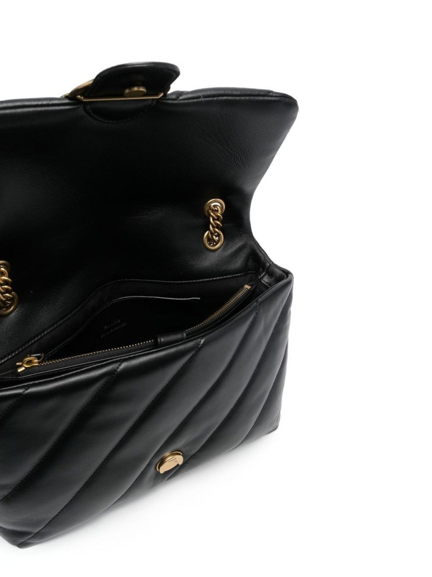 Pinko Quilted Black Calf Leather Shoulder Bag With Signature Love Birds Buckle