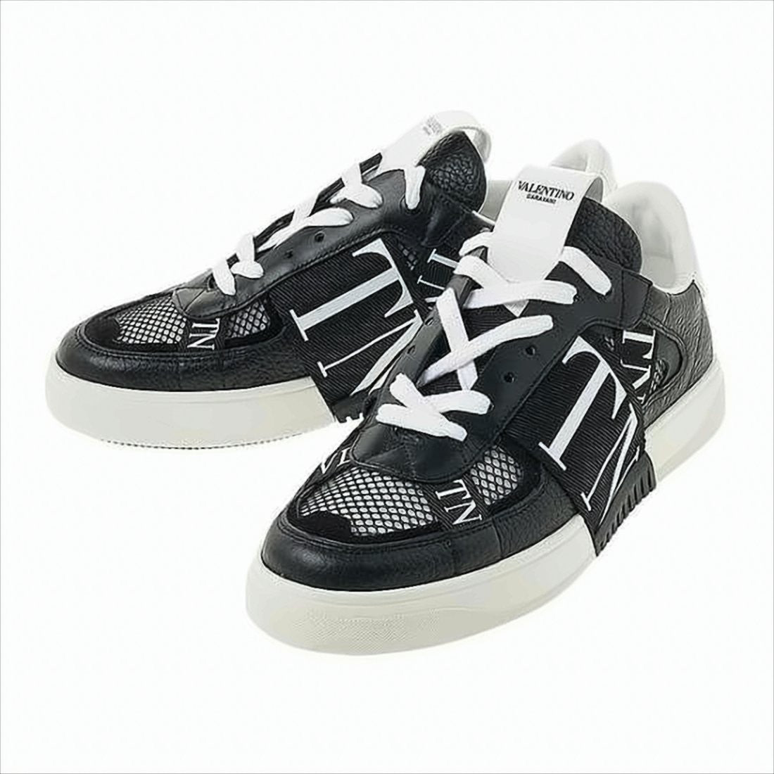Valentino Garavani Black Textured Calf Leather Sneakers With Mesh Panels