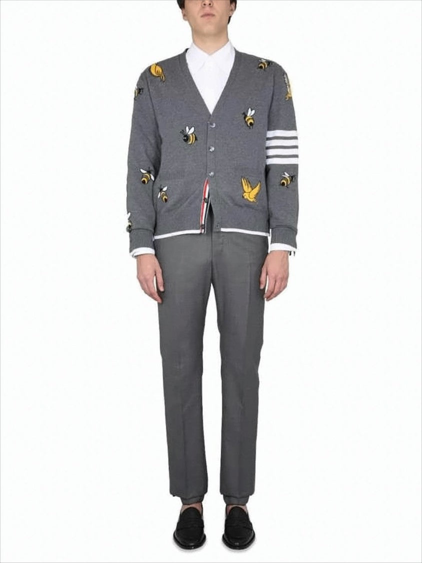 Thom Browne Grey Knit Cardigan With Embroidered Bees And Birds