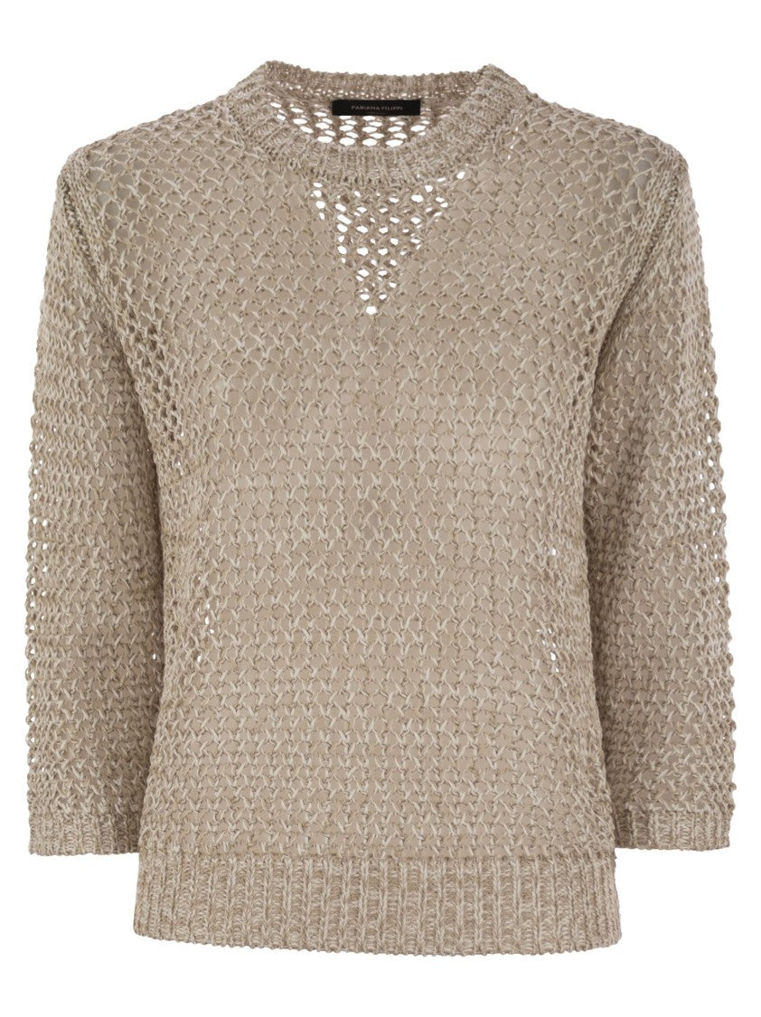 Fabiana Filippi 3/4 Sleeve Striped Crochet-Stitch Cotton Sweater