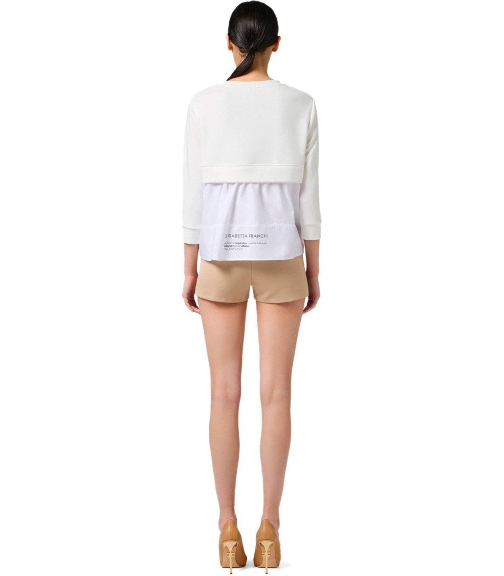 Elisabetta Franchi Ivory Sweatshirt With Poplin Hem And Logo Details