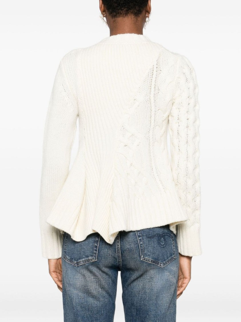 Sacai Cable Knit Sweater With Ruffled Hem And Asymmetrical Details