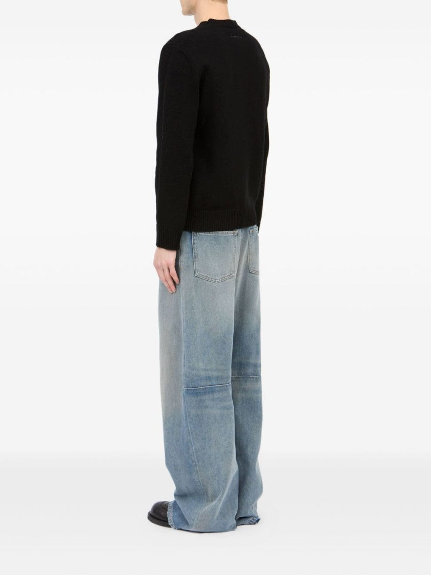 Mm6 By Maison Margiela Crew Neck Black Sweater With Ribbed Details