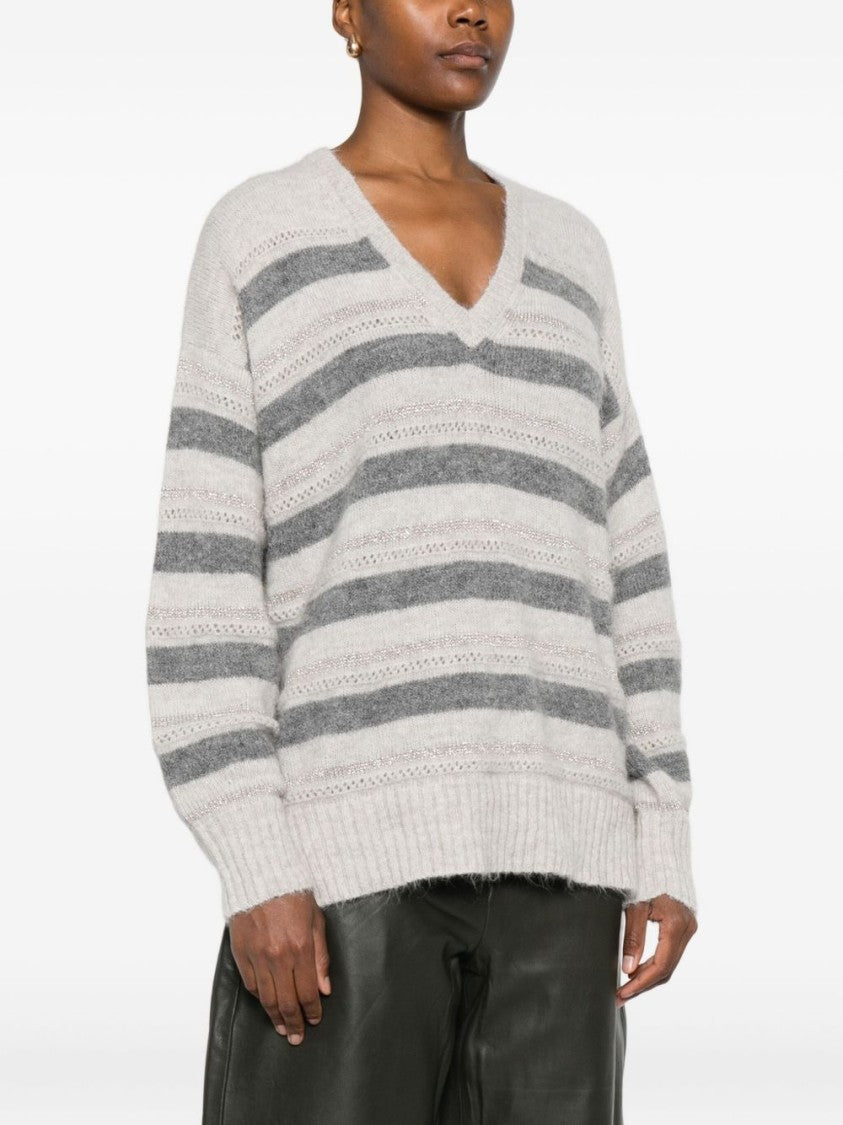 Twin-Set Horizontal Stripe Knit Sweater With V-Neckline
