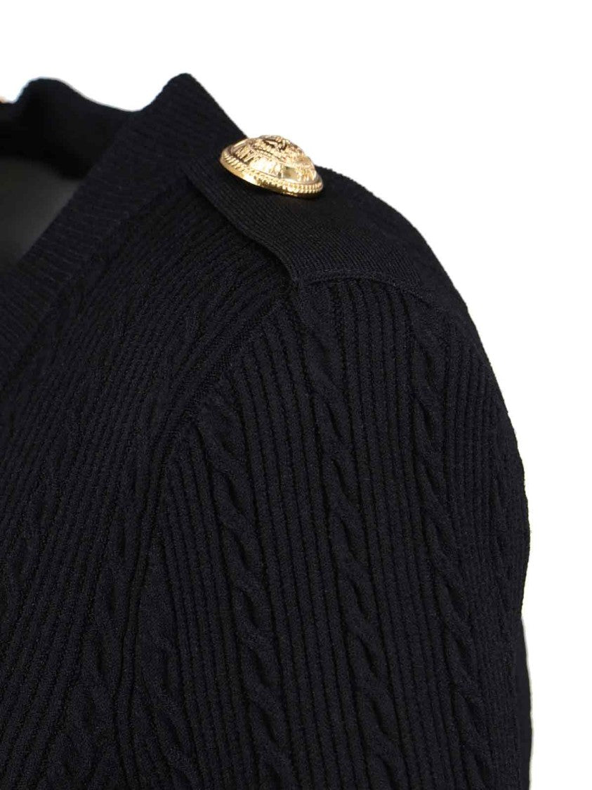 Balmain Structured Shoulder Black V-Neck Cardigan With Decorative Buttons