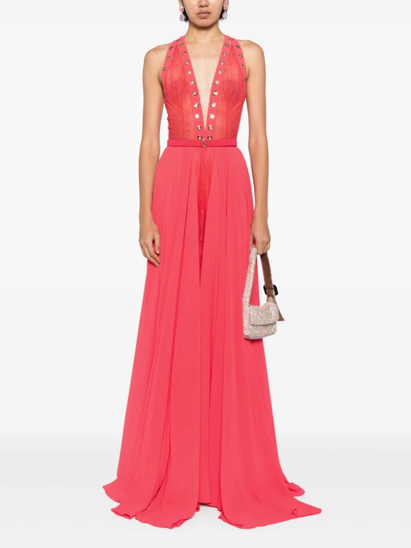 Saiid Kobeisy Red Eyelet Detail Full-Skirt Dress With Deep V-Neck
