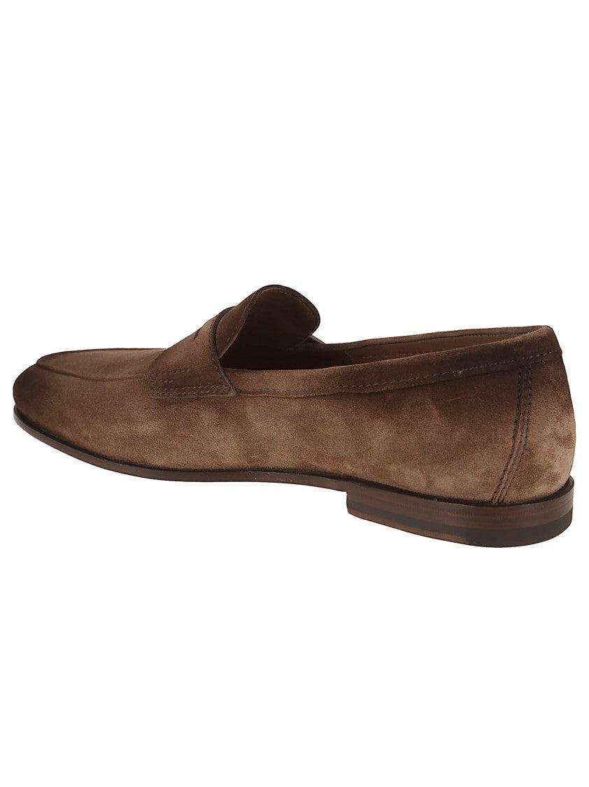 Santoni Suede Moccasins With Tapered Shape And Rubber Sole