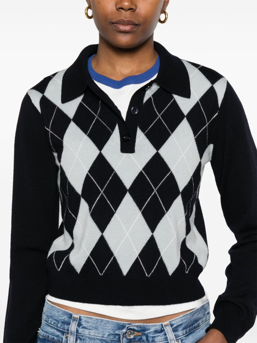Frame Navy Blue Wool Blend Argyle Polo Shirt