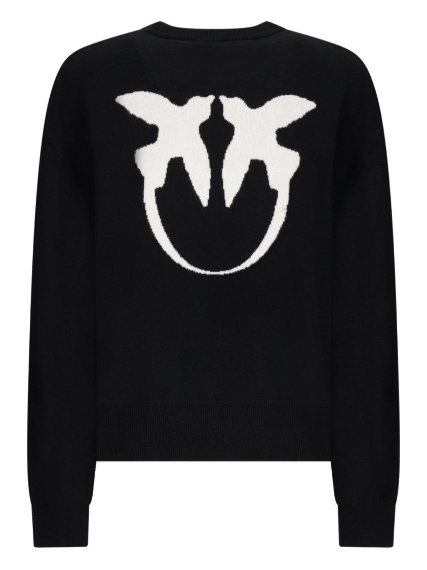 Pinko Love Bird Motif Black Sweater With Round Neck And Long Sleeves